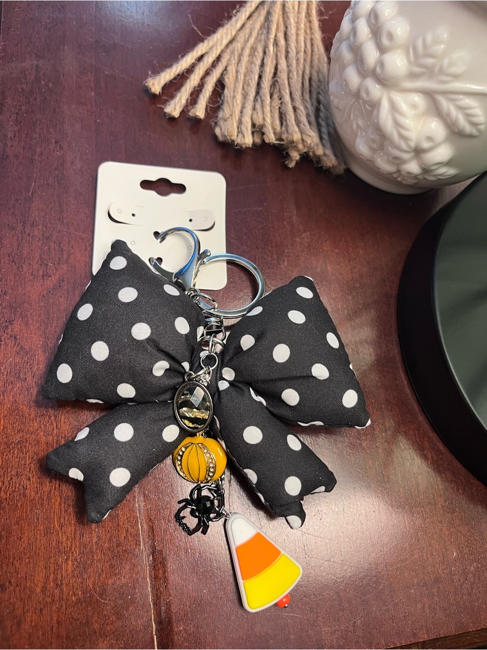 Amazon Black Polka Dot Bow Keychain with Halloween Charms